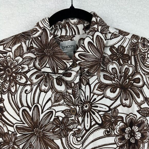 2/$30 Chicos 100% Linen Button Down Shirt Womens Size 1 M Floral Western Neutral - Picture 9 of 10